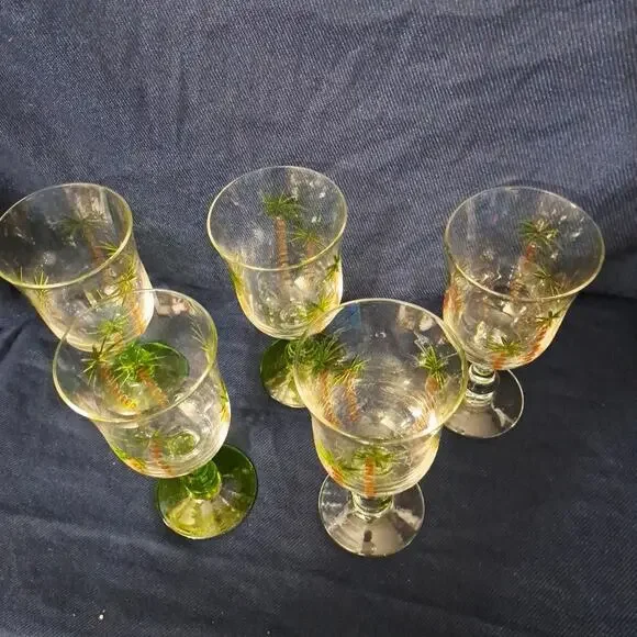 Hand Painted Palm Tree Wine Glasses Hand Painted Goblet Beach Theme Set of 5 - Picture 4 of 4